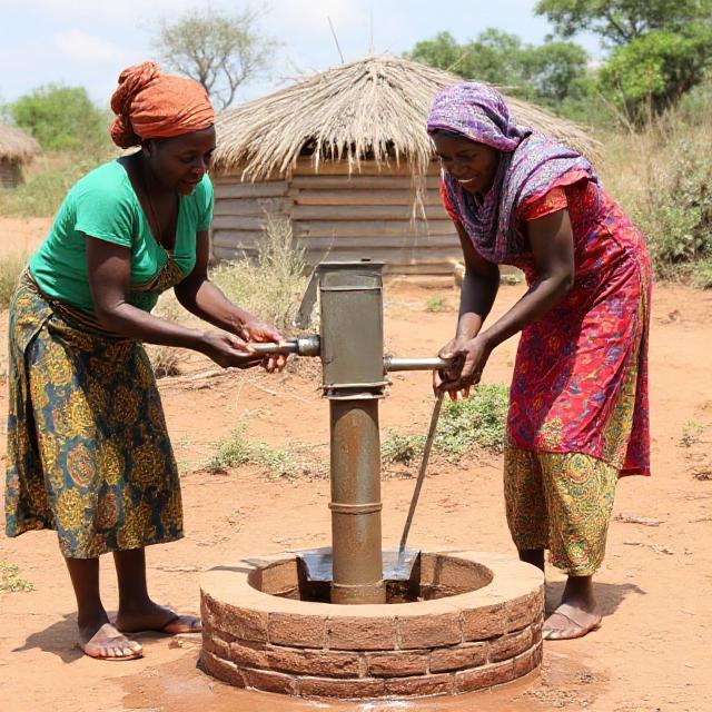 Femmes à la pompe à eau en zone rurale - Adduction d'eau potable